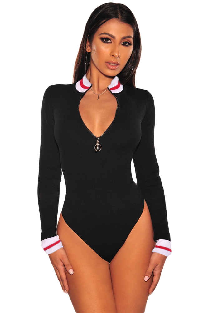 BY32308-2 BLACK WHITE RED STRIPED RIBBED KNIT MOCK NECK ZIPPER BODYSUIT